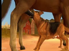 Dog giving blowjob to horse before having animal sex